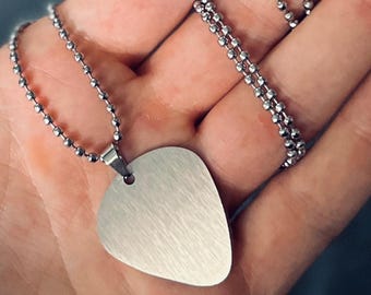 Minimalist Simple Brushed Stainless Steel Matte Silver Chrome Guitar Pick Pendant with Matching Ball Chain Necklace / Guitarist / Musician
