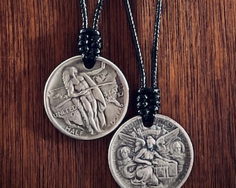Couples His & Hers Rustic Silver Medallion Pendant Necklaces - Warrior and Angel