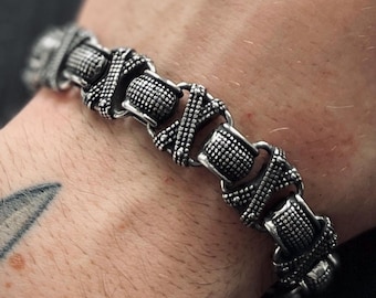 Oxidized Stainless Steel X-Link Bracelet: Chunky Rustic Mens Jewelry