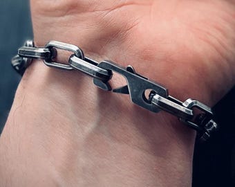 Rustic Oxidised Stainless Steel Matte Blackened Silver Thick Chunky Heavy Cable Link Chain Bracelet