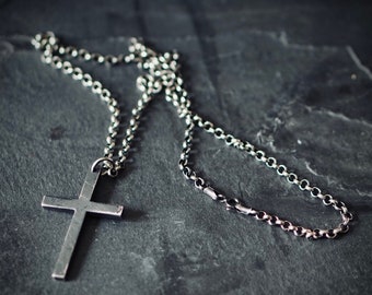 Minimalist Rustic Oxidised Distressed Solid Sterling Silver 925 Cross Crucifix Pendant with Matching 22" inch Necklace Rolo Chain