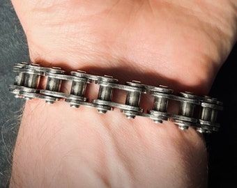 Handmade Minimalist Distressed 925 Solid Sterling Silver 1.3cm Thick Chunky Classic Bike Chain Bracelet - Size 20cm ( fits 18-20cm wrist)