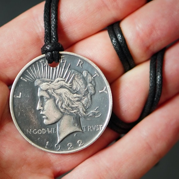 En détresse Solid Silver Peace Lady Liberty Dollar « In God we Trust » Coin Pendentif Médaillon avec Cordon en Cuir Collier Chaîne