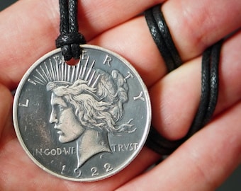Distressed Solid Silver Peace Lady Liberty Dollar "In God we Trust" Coin Pendant Medallion with Leather Cord Necklace Chain