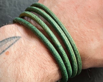 Artisan Handmade Minimalist Green Distressed Relic Leather Wrap Wristband Cuff Bracelet Accessory with Brushed Matte Black Lock Clasp