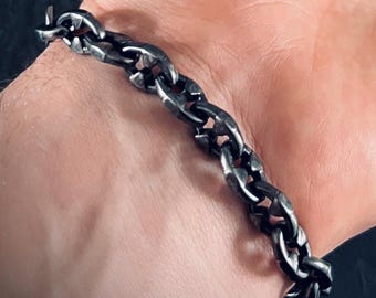 Rustic Chunky Distressed Blackened Stainless Steel Thorn Link Chain Bracelet