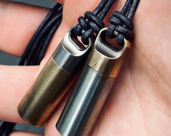 Pair of Brass & Stainless Steel 2-Tone Pill Vial Gold and Silver Shotgun Shell Capsule Stash Urn Pendants with Leather Cord Necklaces / EDC