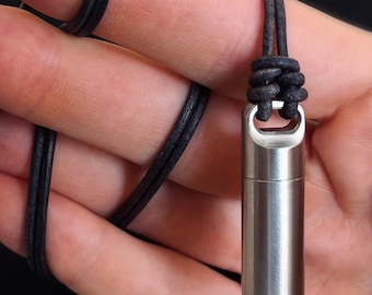 Brushed Matte Stainless Steel Small Pill Vial Shotgun Shell Capsule Stash Urn Pendant with Leather Rope Cord Necklace / EDC / Everyday Carry