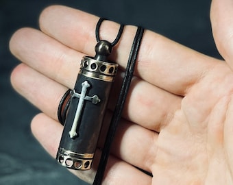 High Contrast Aged Solid Brass Small Pill Vial Distressed Shotgun Shell Capsule Stash Urn Cross Pendant & Matching Leather Cord Necklace