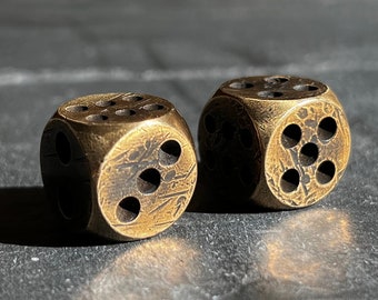 Custom Solid Heavy Brass Metal Dice Set with Distressed Aged Vintage Old Finish / EDC / Pocket Accessory / Poker / Gambler / Card Game