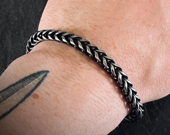 Oxidised Simple Stainless Steel Matte Blackened Silver Thick Chunky Foxtail Cable Link Chain Bracelet