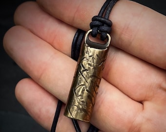 Solid Brass Small Pill Vial Cracked Effect Heavily Distressed Shotgun Shell Capsule Stash Urn Pendant with Leather Cord Necklace / EDC