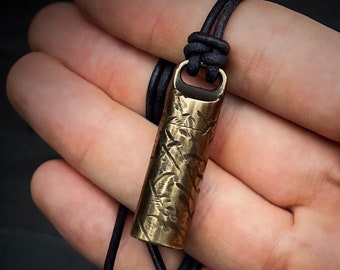 Solid Brass Small Pill Vial Cracked Effect Heavily Distressed Shotgun Shell Capsule Stash Urn Pendant with Leather Cord Necklace / EDC