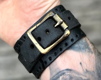 Artisan Handmade Road Rash Black Worn Out Distressed Relic Leather Wristband Cuff Bracelet Accessory with Oxidised Solid Brass Buckle Strap