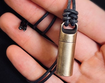 Aged Solid Brass Small Pill Vial Distressed Shotgun Shell Capsule Stash Urn Pendant & Matching Leather Cord Necklace / EDC / Everyday Carry