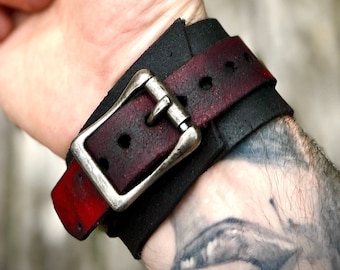 Artisan Handmade Red & Black Road Worn Out Distressed Relic Leather Wristband Wrap Cuff Bracelet Accessory with Oxidised Silver Buckle Strap