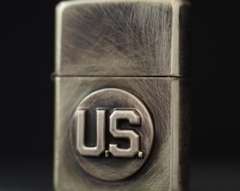 Customised Distressed & Oxidised Vintage Patina Style Solid Aged Brass Metal Zippo Lighter with U.S. Army Badge Emblem / EDC