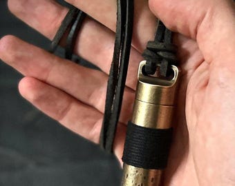 Large Rustic Brass Pill Vial Distressed Shotgun Shell Capsule Stash Urn Pendant & Matching Thick Leather Cord Necklace / EDC / Canister