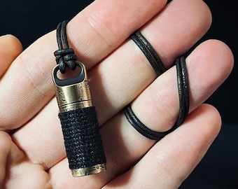 Rustic Solid Brass Small Pill Vial Distressed Shotgun Shell Capsule Stash Urn Pendant with Leather Cord Necklace / EDC / Everyday Carry