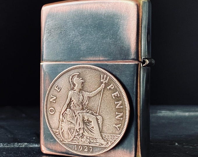 Featured listing image: Customised Oxidised Antique Distressed Copper & Bronze One Penny Hobo Nickel Metal Zippo Lighter / EDC / Old English Vintage Coin