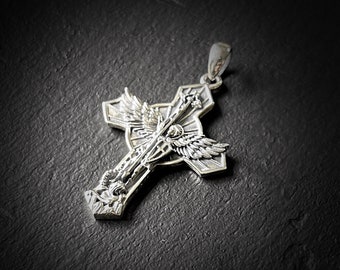 Archangel - 925 Solid Sterling Silver Handmade Saint Michael "Protect Us" Cross Pendant with Presentation Gift Box