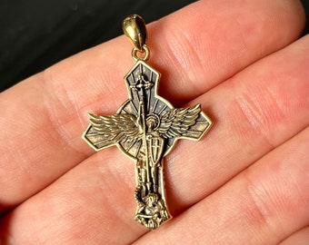 Archangel - 24ct Gold Handmade Saint Michael "Protect Us" Crucifix Shield Pendant with Presentation Gift Box