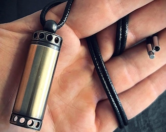 Handmade 2-Tone Shotgun Shell Rustic Distressed Brass Vial Cremation Stash Capsule Pendant with Black Rope Cord Necklace / Keepsake / Locket