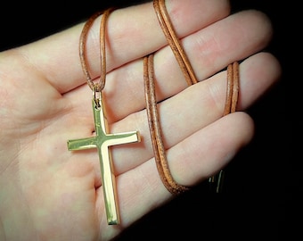 Rustic Style Faintly Distressed 24ct Gold Cross Crucifix Pendant with Magnetic Closure on Brown Leather Cord Necklace