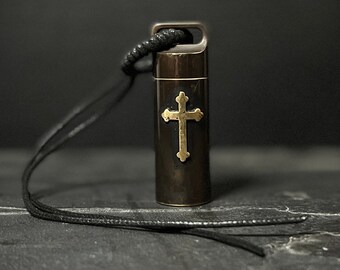 Engraved Large Brass Bullet Shotgun Shell Stash Screw Capsule Key-chain with Crucifix Cross / Accessory / EDC / Everyday Carry / Pill Box