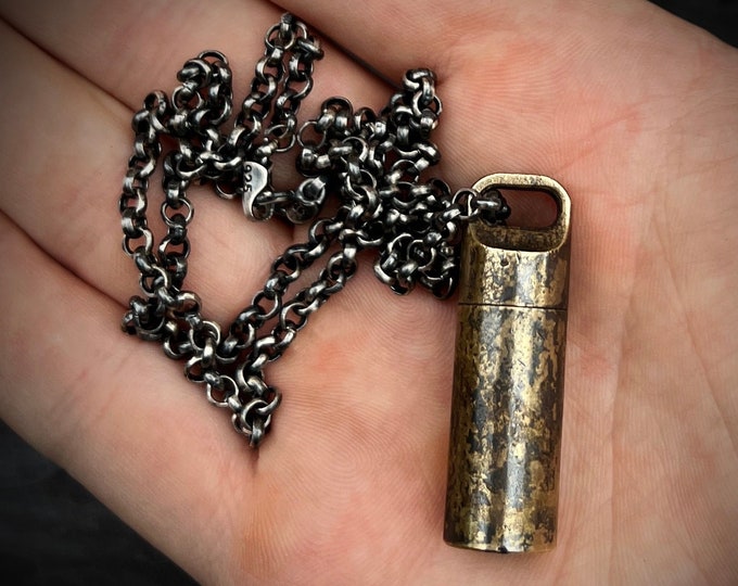 Featured listing image: Distressed Patina Brass Small Shotgun Shell Vile Capsule Stash Urn Pendant & Sterling Silver Rolo Chain Necklace / EDC / Rustic / Vintage