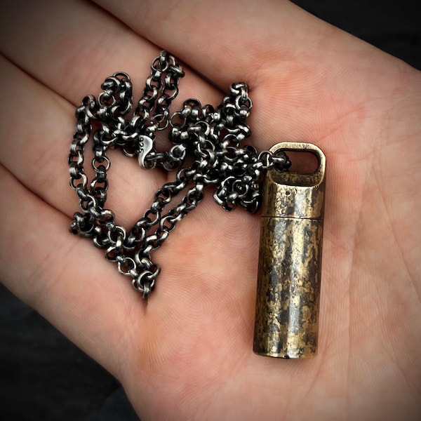 Distressed Patina Brass Small Shotgun Shell Vile Capsule Stash Urn Pendant & Sterling Silver Rolo Chain Necklace / EDC / Rustic / Vintage