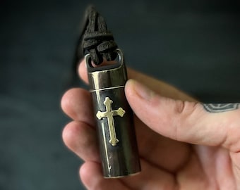 Personalised Engraved Large Aged Brass Shotgun Shell Capsule Stash Urn Crucifix Cross Pendant & Leather Cord Necklace / EDC / Everyday Carry