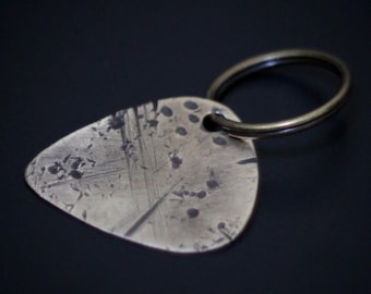 Custom Rustic Aged Brass Engraved Distressed Patina Guitar Pick Keychain