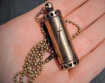 Aged Solid Brass Small Pill Vial Distressed Shotgun Shell Capsule Stash Urn Engraved Cross Pendant & Matching Ball Chain Necklace