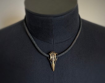 Handmade Solid Brass Distressed Crow / Raven Bird Skull Pendant & Thick Leather Cord Lock Clasp Choker Necklace - Rustic / Boho / Rocker