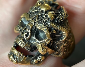 24ct Gold Dragon Skull Ring with Ornate Carvings - Size 9 US / R 1/2 UK