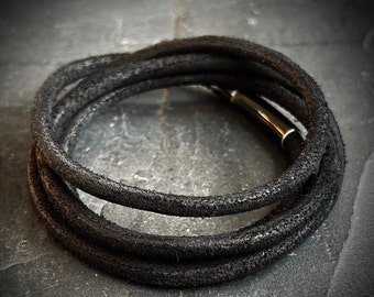 Artisan Handmade Minimalist Black Distressed Relic Leather Wrap Wristband Cuff Bracelet Accessory with Brushed Matte Lock Clasp
