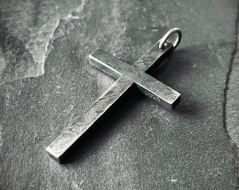 Distressed Handmade 925 Solid Sterling Silver Simple Minimalist Plain Cross Crucifix Pendant with Presentation Gift Box