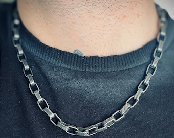 Rustic Etched Stainless Steel Matte Black & Silver Thick Chunky Heavy Box Chain Necklace