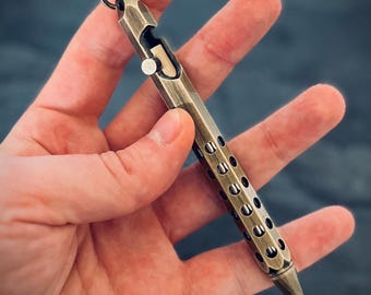 Distressed Bolt Action Oxidised Brass Pen with Grip and Keychain Loop | EDC