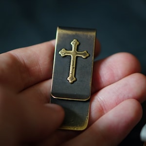Clip para dinero en efectivo de latón macizo con forma de cruz crucifijo, desgastado y oxidado, hecho a mano, EDC, billetera, accesorio