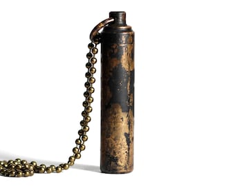 Vintage Style Aged Solid Brass Vial Distressed Bullet Screw Capsule Stash Urn Pendant with Matching Necklace / Container / Ashes / Secret