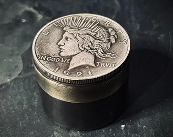 Handmade Silver Peace Dollar Lady Liberty Hobo Coin Vintage Brass Pill Bottle Stash Capsule Container / Survival EDC / Medicine / Snuff Box