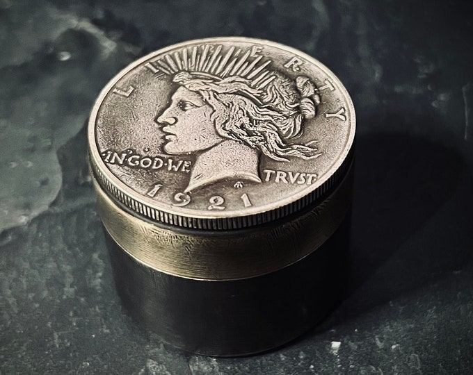 Featured listing image: Handmade Silver Peace Dollar Lady Liberty Hobo Coin Vintage Brass Pill Bottle Stash Capsule Container / Survival EDC / Medicine / Snuff Box