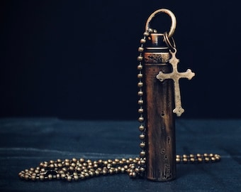 Distressed Solid Brass Secret Stash Vial Bullet Capsule Container Pendant & Cross Crucifix Charm with Ball Chain Necklace