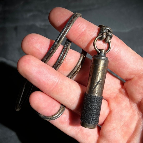 Distressed Rustic Style Etched Brass Secret Stash Vial Capsule Pendant Keychain with Leather Lace Cord Necklace / EDC