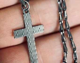 Small Rustic Minimalist Solid Sterling Silver 925 Cross Crucifix Pendant & Paperclip Cable Chain Necklace