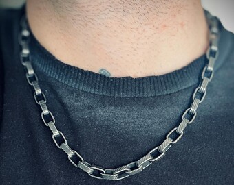 Rustic Etched Stainless Steel Matte Black & Silver Thick Chunky Heavy Box Chain Necklace
