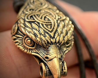 Rustic Brass Celtic Golden Eagle Bird Head Pendant & Black Distressed Leather Cord Necklace