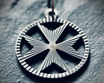 Small Oxidised Sterling Silver Decorative Maltese Cross Pendant – Rustic Crucifix Charm with Engravings